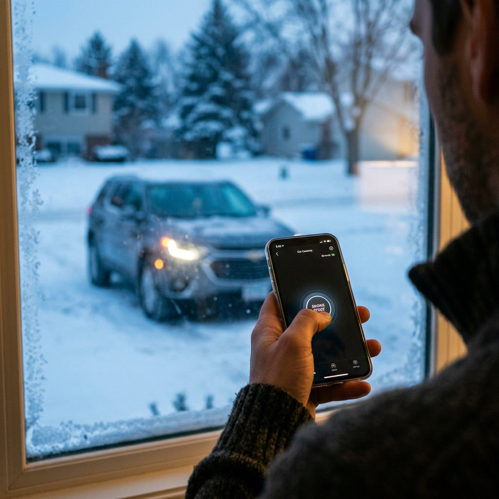 Man holding smartphone with a car remote start app, looking through a frosty window at an SUV in the snow. (Representative image for illustration purposes only. Actual vehicle may vary based on trim and configuration.)