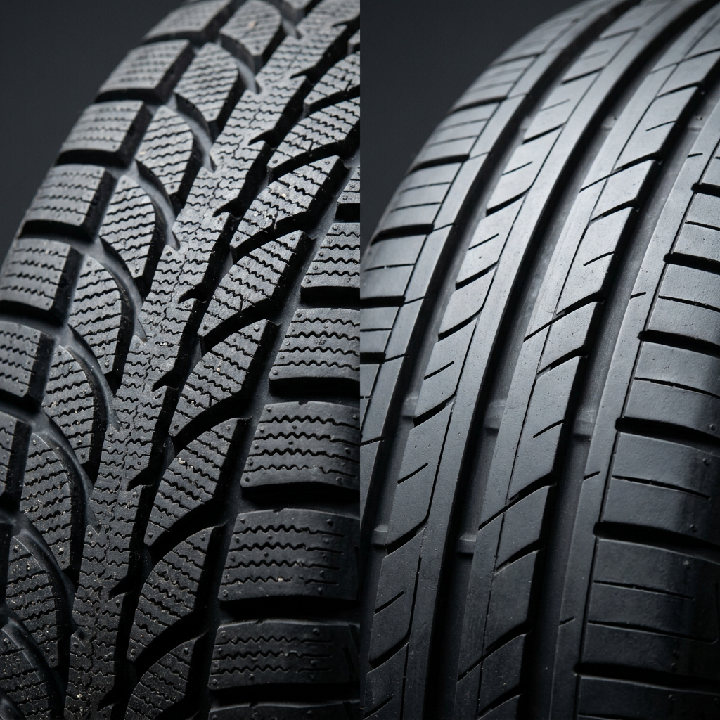 Side-by-side comparison showing the aggressive tread of a winter tire next to the smooth tread of a summer tire. (Representative image for illustration purposes only. Actual vehicle may vary based on trim and configuration.)