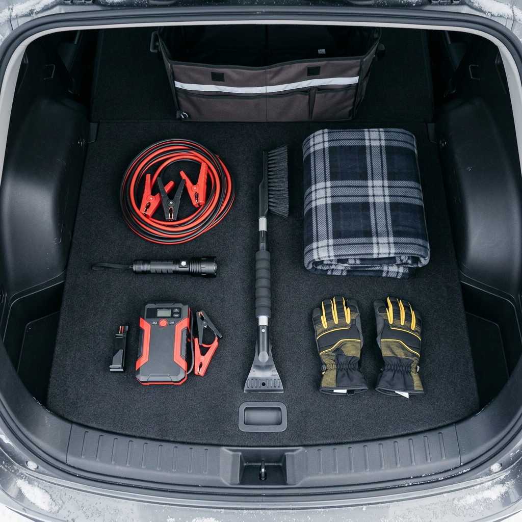 Winter emergency car kit neatly arranged in a trunk including jumper cables, snow brush, blanket, flashlight, and gloves. (Representative image for illustration purposes only. Actual vehicle may vary based on trim and configuration.)