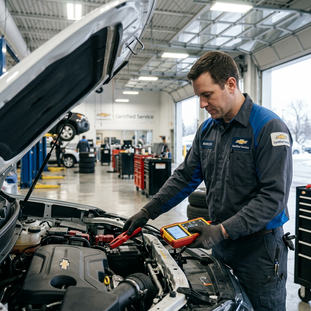 Chevrolet auto technician using a digital battery tester under the hood of a car in a service bay. (Representative image for illustration purposes only. Actual vehicle may vary based on trim and configuration.)