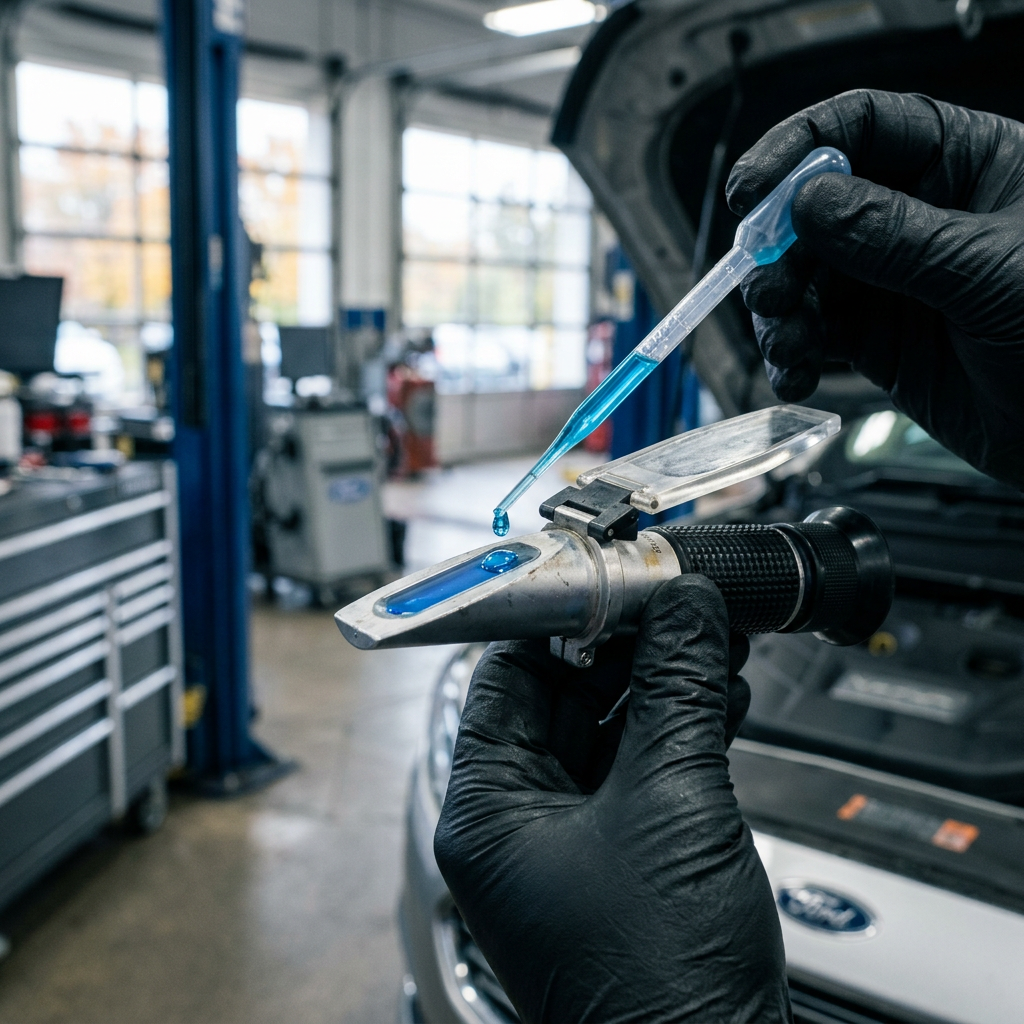 A mechanic in black gloves placing blue fluid onto a handheld refractometer using a pipette in an auto shop. (Representative image for illustration purposes only. Actual vehicle may vary based on trim and configuration.)