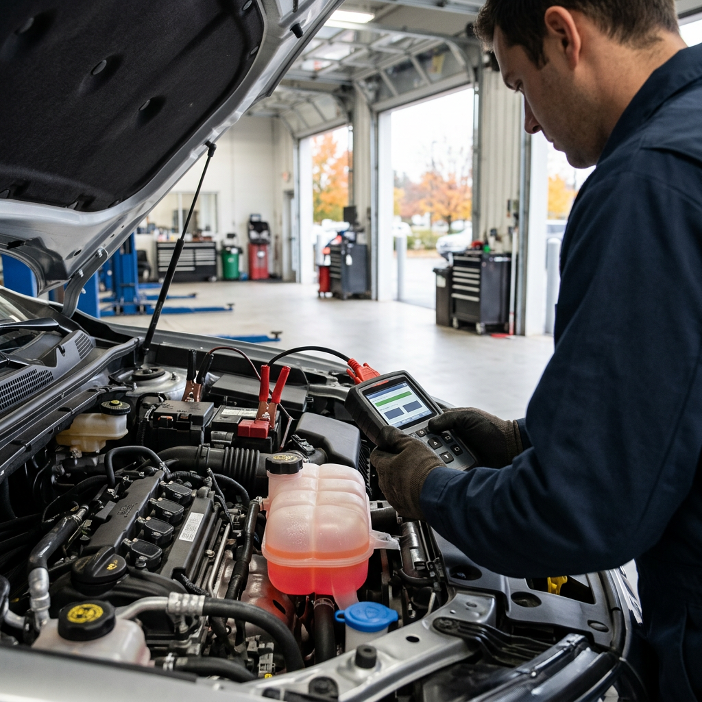 A mechanic using a handheld diagnostic scanner on an open vehicle engine bay in an auto repair shop. (Representative image for illustration purposes only. Actual vehicle may vary based on trim and configuration.)