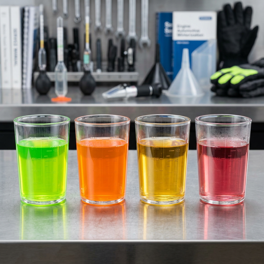 Four glass measuring cups containing green, orange, yellow, and red automotive fluids on a stainless steel counter. (Representative image for illustration purposes only. Actual vehicle may vary based on trim and configuration.)