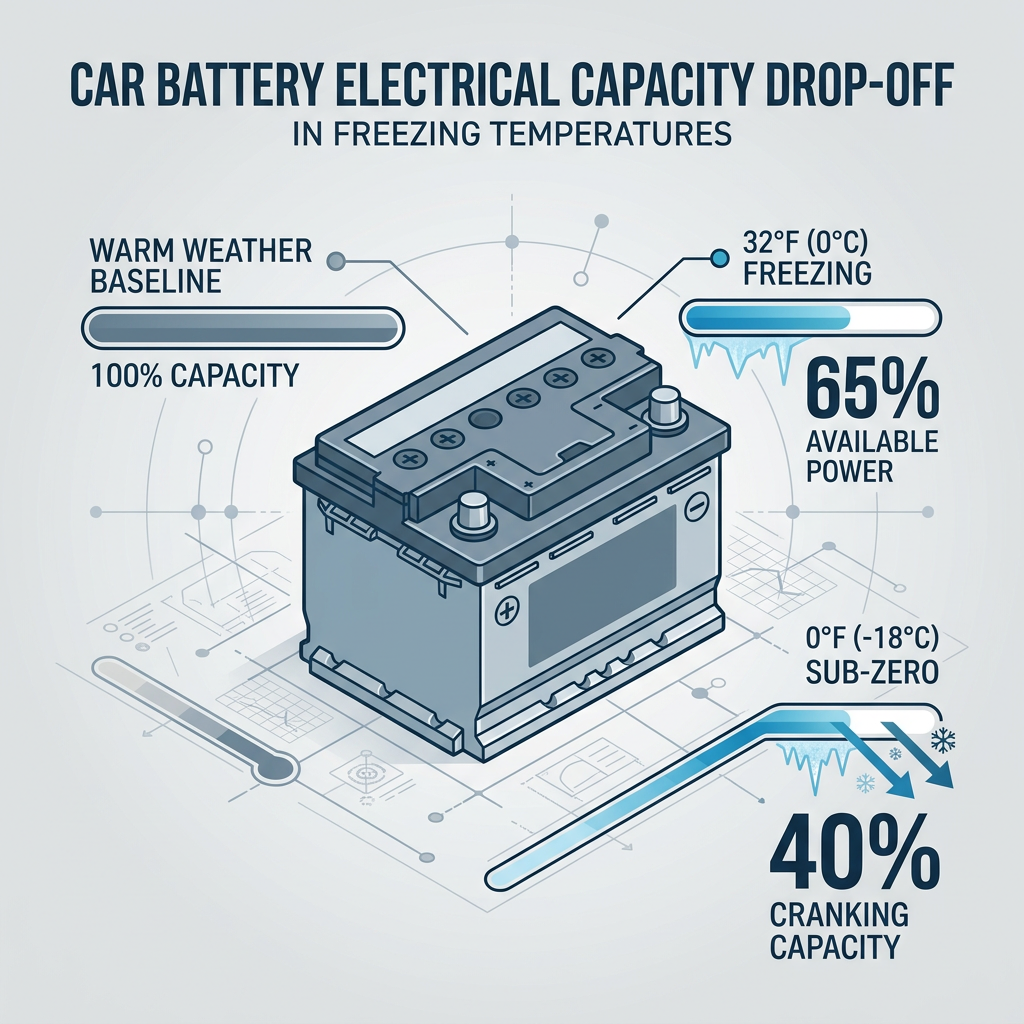 Diagram showing car battery power dropping from 100% in warm weather to 65% at 32°F and 40% at 0°F. (Representative image for illustration purposes only. Actual vehicle may vary based on trim and configuration.)