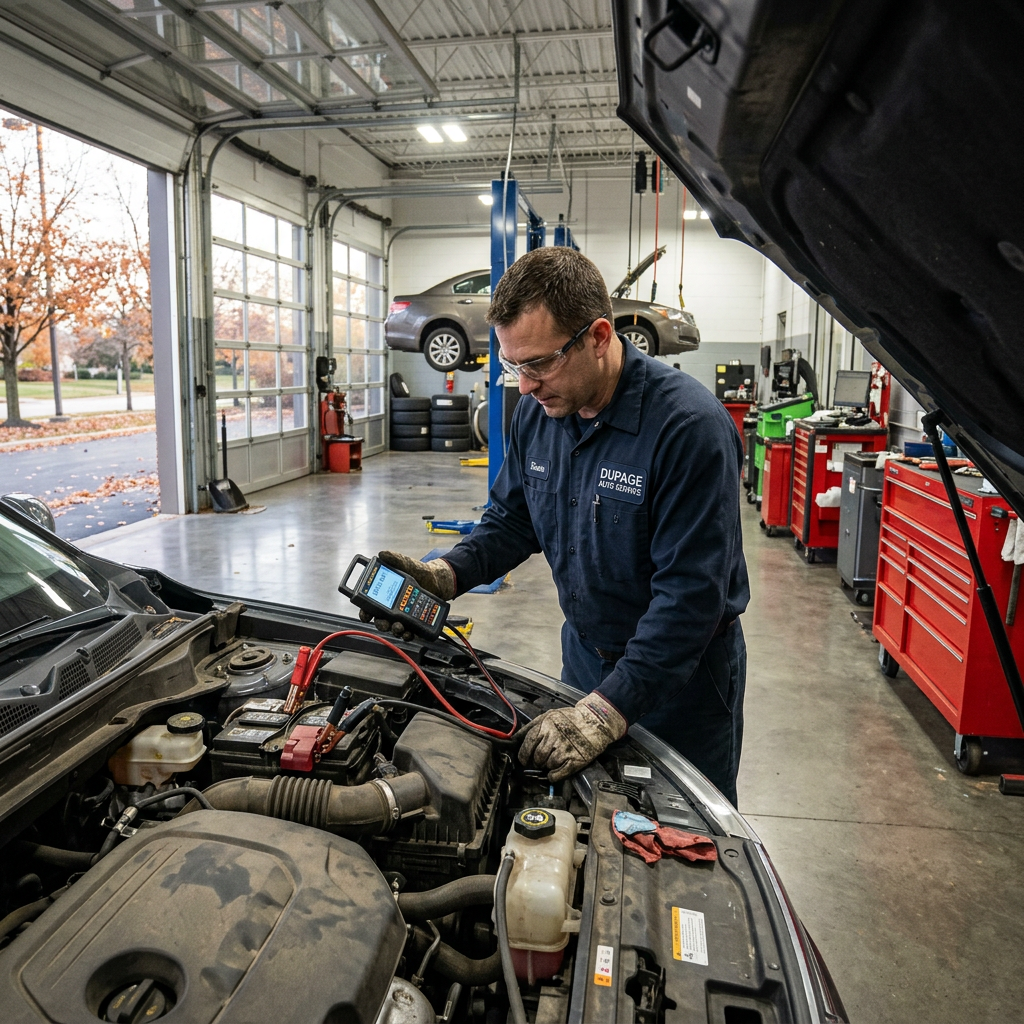 A mechanic wearing safety glasses uses a handheld diagnostic tool on a car battery inside a garage. (Representative image for illustration purposes only. Actual vehicle may vary based on trim and configuration.)