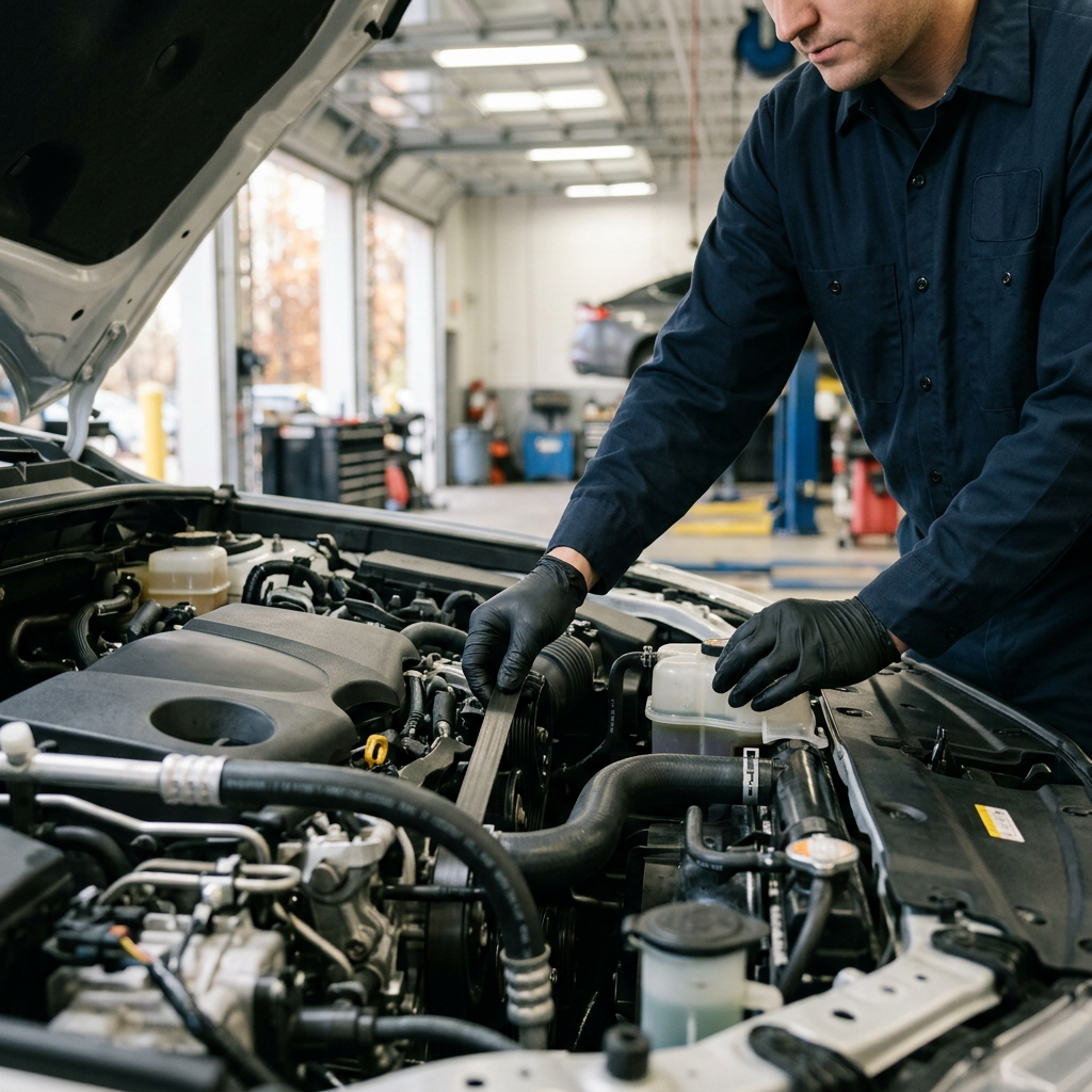 Mechanic wearing black gloves inspecting a serpentine belt in an open car engine bay at an auto repair shop. (Representative image for illustration purposes only. Actual vehicle may vary based on trim and configuration.)