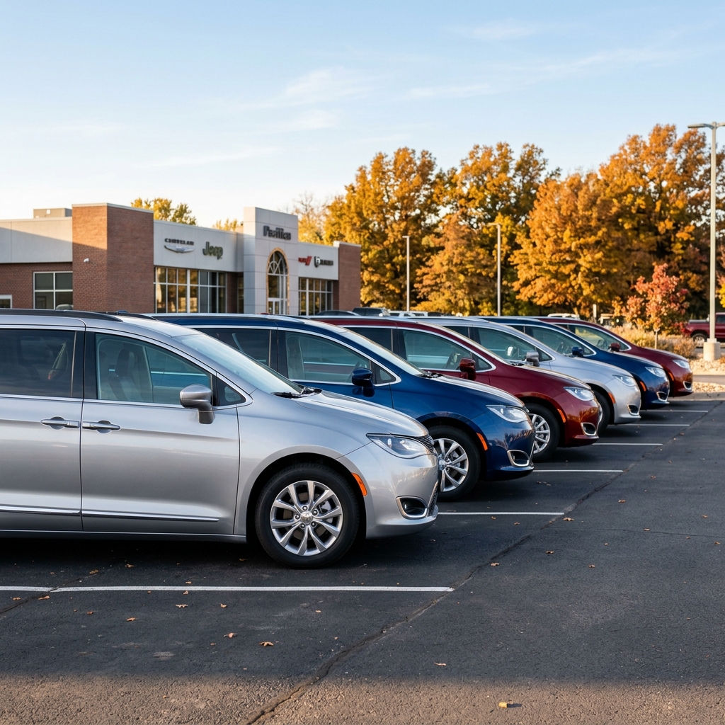 Line of Chrysler Pacifica minivans in various colors parked in a dealership lot during autumn. (Representative image for illustration purposes only. Actual vehicle may vary based on trim and configuration.)