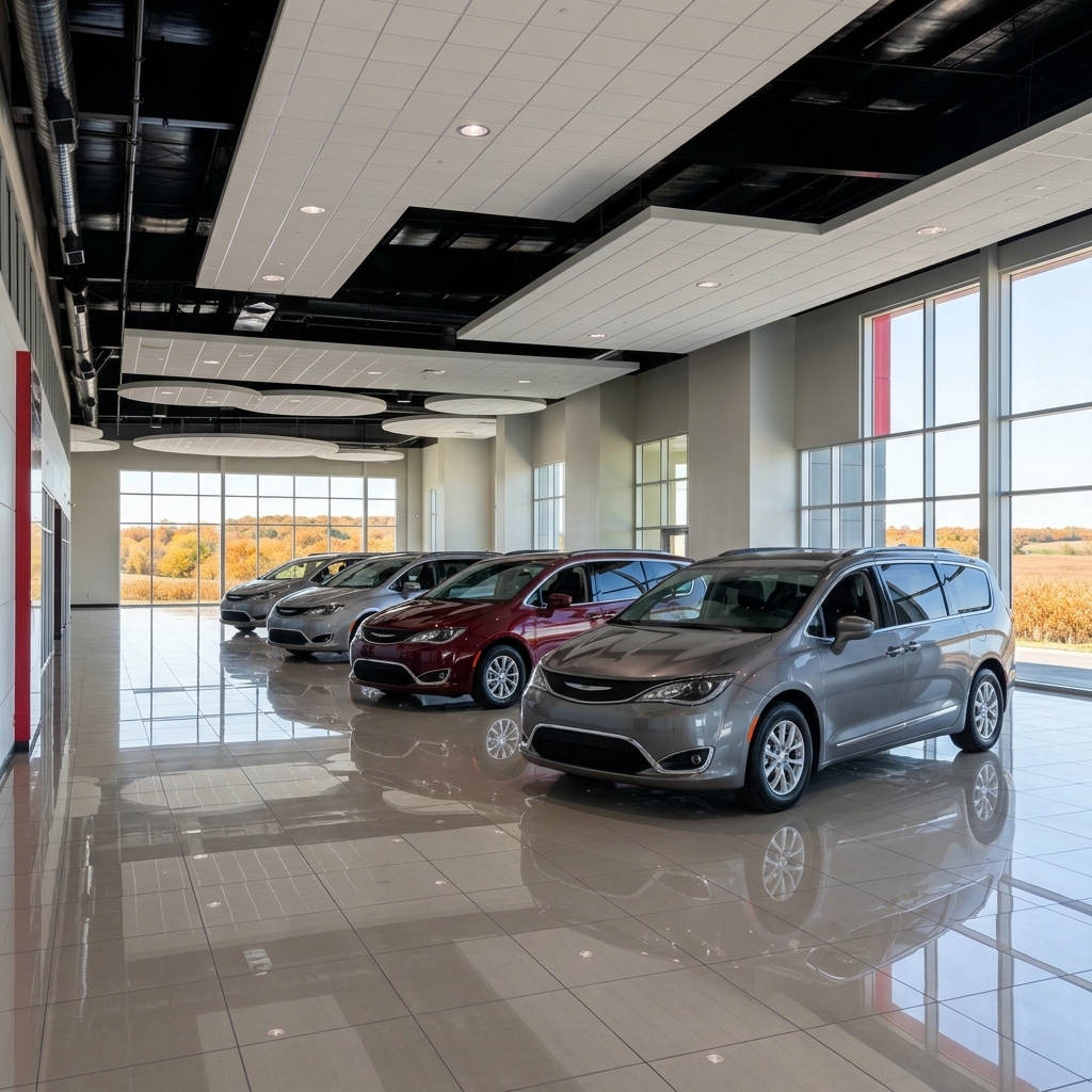 Line of Chrysler Pacifica minivans parked on a glossy tile floor inside a bright car dealership showroom. (Representative image for illustration purposes only. Actual vehicle may vary based on trim and configuration.)