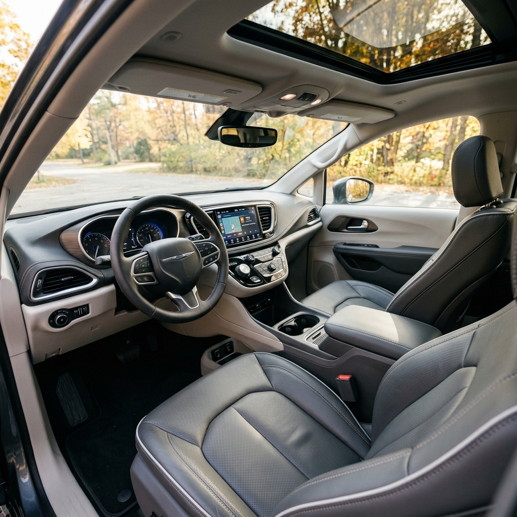 Interior view of a Chrysler Pacifica minivan showing leather seats, dashboard, steering wheel, and sunroof. (Representative image for illustration purposes only. Actual vehicle may vary based on trim and configuration.)