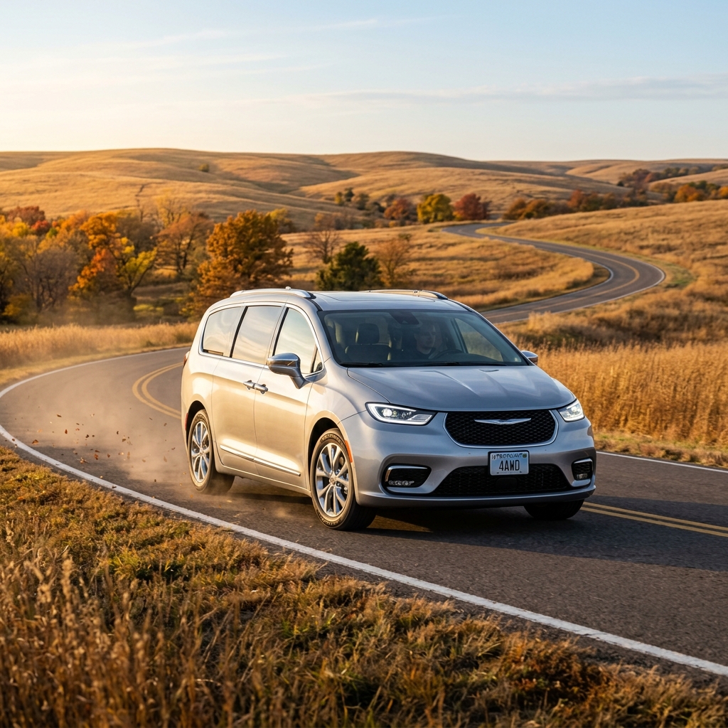 A silver Chrysler Pacifica minivan driving along a curved scenic road through autumn rolling hills. (Representative image for illustration purposes only. Actual vehicle may vary based on trim and configuration.)