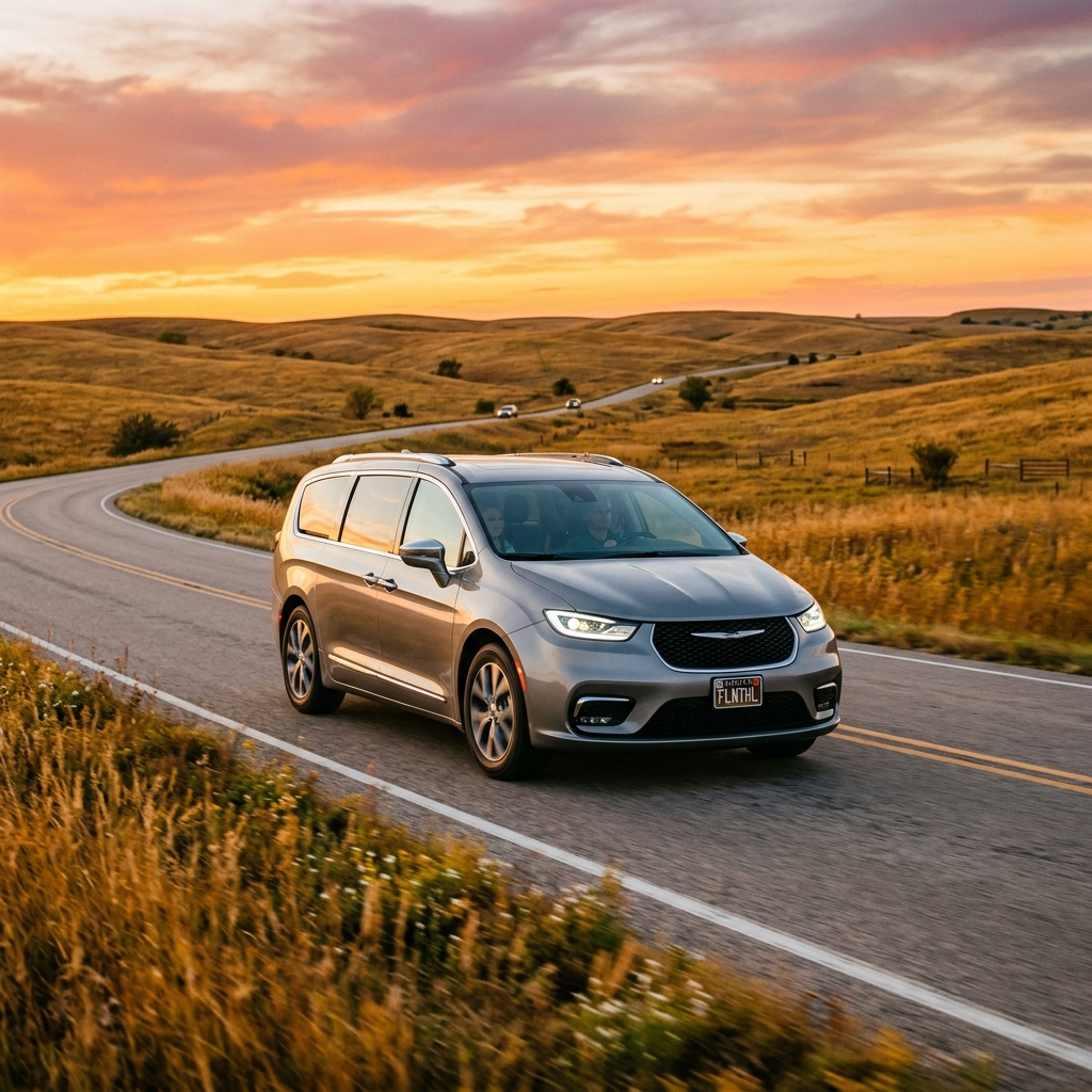 A silver Chrysler Pacifica driving down a winding rural highway through rolling golden hills at sunset. (Representative image for illustration purposes only. Actual vehicle may vary based on trim and configuration.)