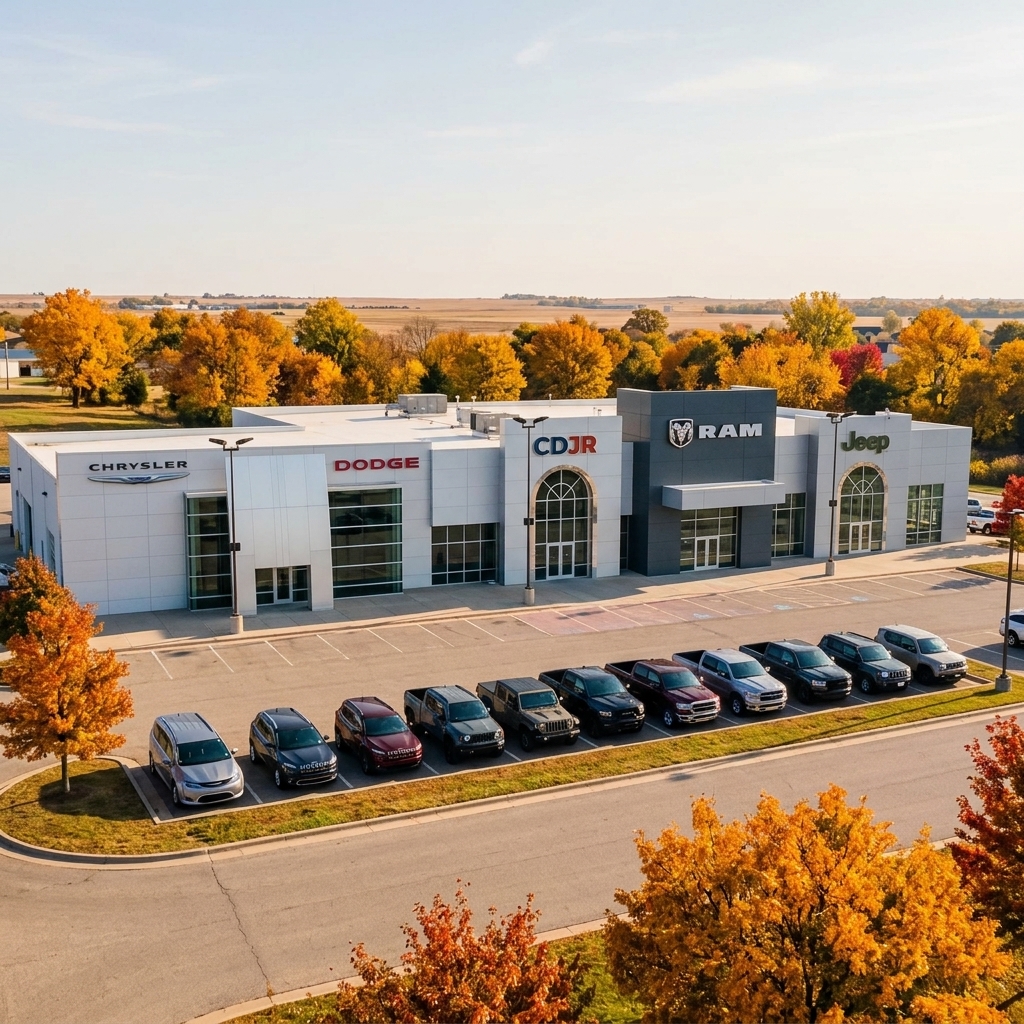 Aerial view of a modern CDJR car dealership surrounded by autumn trees with vehicles parked out front. (Representative image for illustration purposes only. Actual vehicle may vary based on trim and configuration.)
