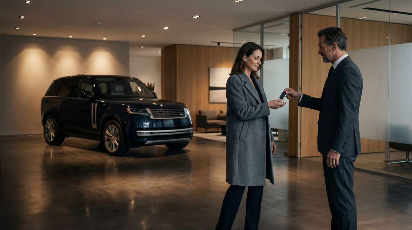 A man in a suit hands car keys to a woman in a grey coat inside a sleek luxury car showroom. (Representative image for illustration purposes only. Actual vehicle may vary based on trim and configuration.)