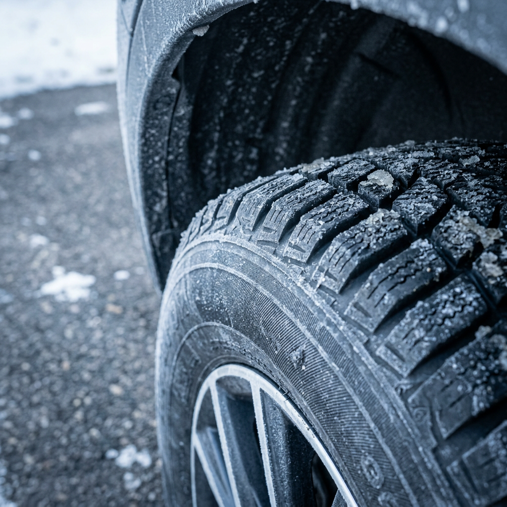 Close-up of a frost-covered winter car tire with deep tread patterns. (Representative image for illustration purposes only. Actual vehicle may vary based on trim and configuration.)