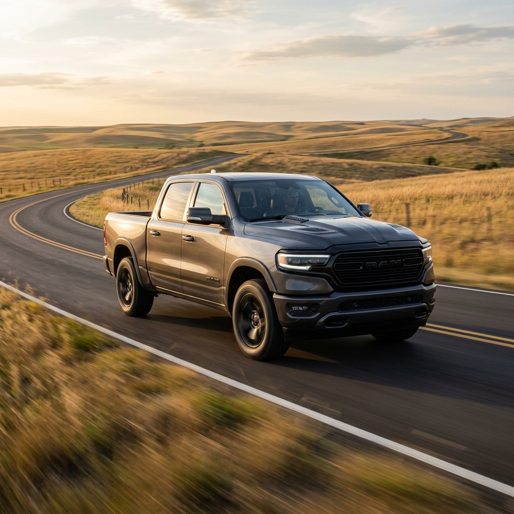 Dark grey Ram pickup truck driving along a winding asphalt road through golden rolling hills at sunset. (Representative image for illustration purposes only. Actual vehicle may vary based on trim and configuration.)