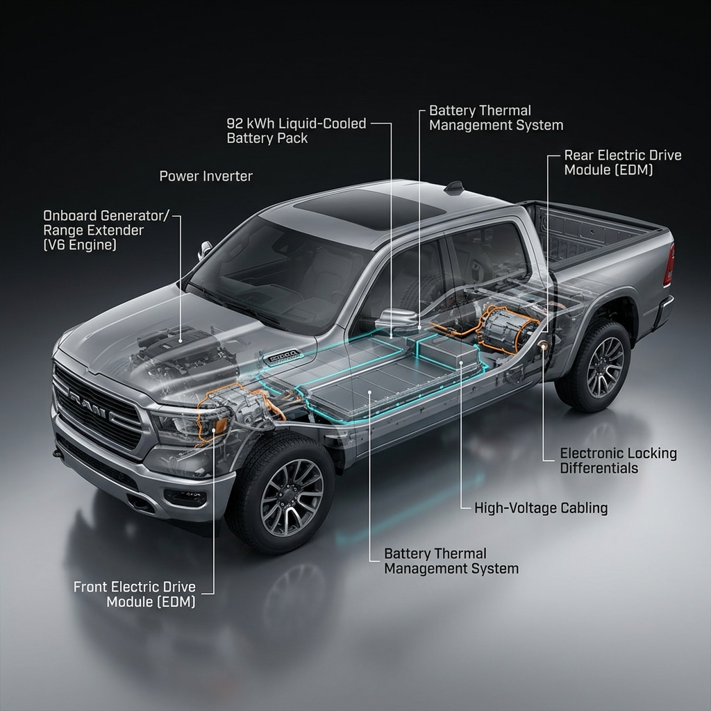 Transparent cutaway diagram of a silver Ram pickup truck showing battery, electric drive modules, and generator. (Representative image for illustration purposes only. Actual vehicle may vary based on trim and configuration.)