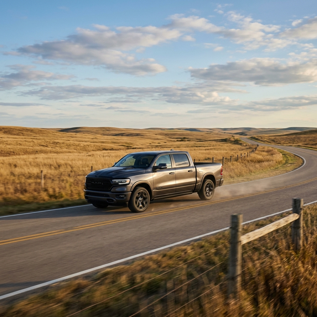 A dark grey Ram pickup truck driving along a winding asphalt road through golden rolling hills. (Representative image for illustration purposes only. Actual vehicle may vary based on trim and configuration.)