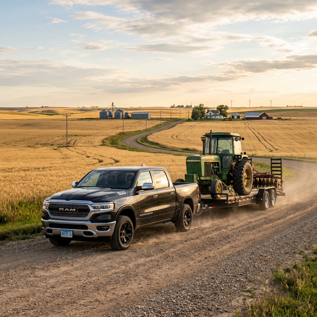 Dark Ram pickup truck towing a trailer carrying a green John Deere tractor along a dirt road through golden farm fields. (Representative image for illustration purposes only. Actual vehicle may vary based on trim and configuration.)