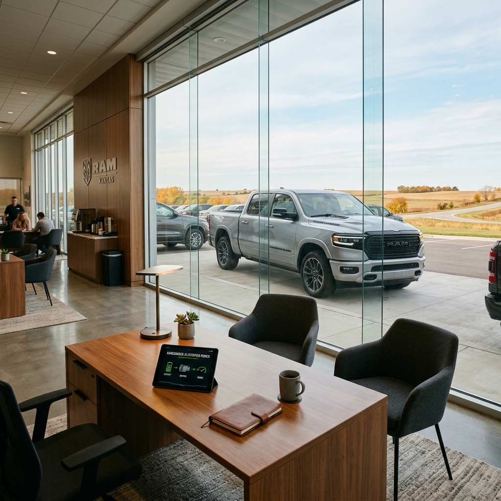 A silver Ram pickup truck viewed through large floor-to-ceiling windows from inside a modern dealership office. (Representative image for illustration purposes only. Actual vehicle may vary based on trim and configuration.)