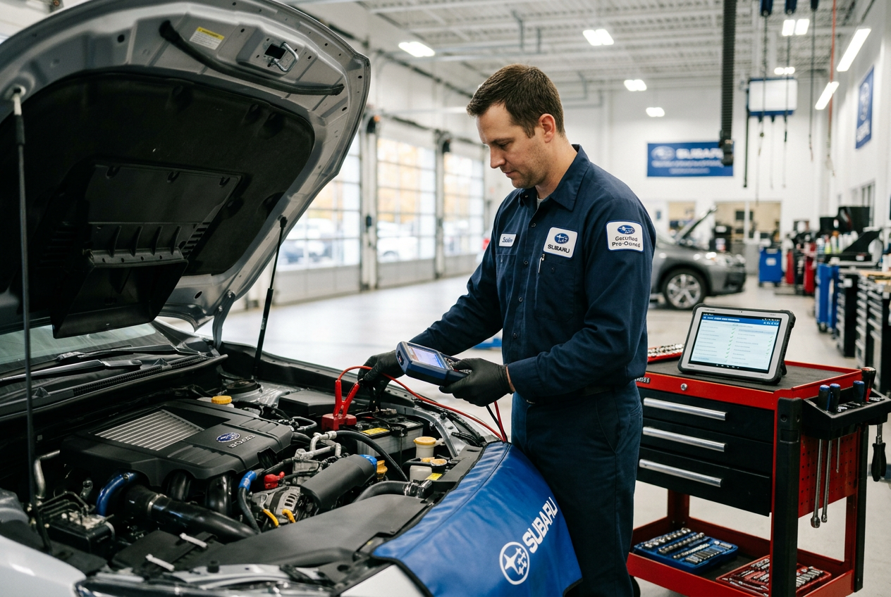 A Subaru mechanic tests a vehicle's engine using handheld diagnostic equipment in a dealership service bay. (Representative image for illustration purposes only. Actual vehicle may vary based on trim and configuration.)