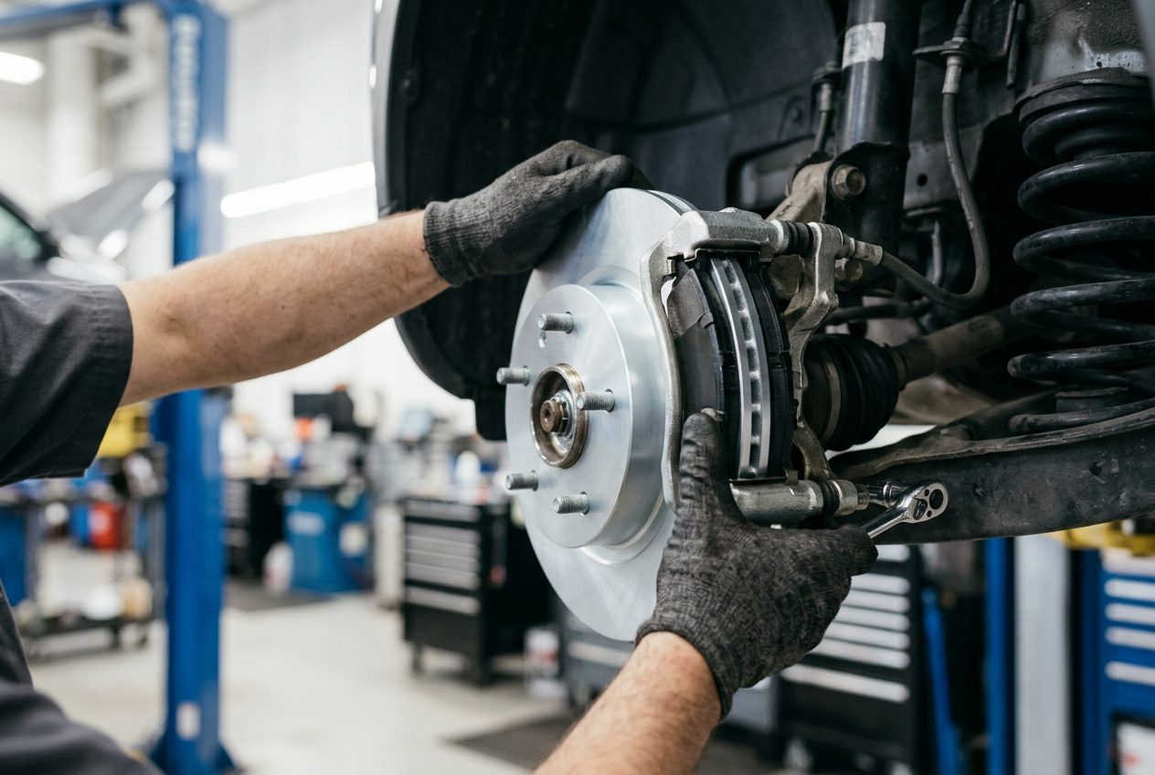 A mechanic wearing gloves installs a shiny new brake rotor and caliper on a car suspended on a lift. (Representative image for illustration purposes only. Actual vehicle may vary based on trim and configuration.)