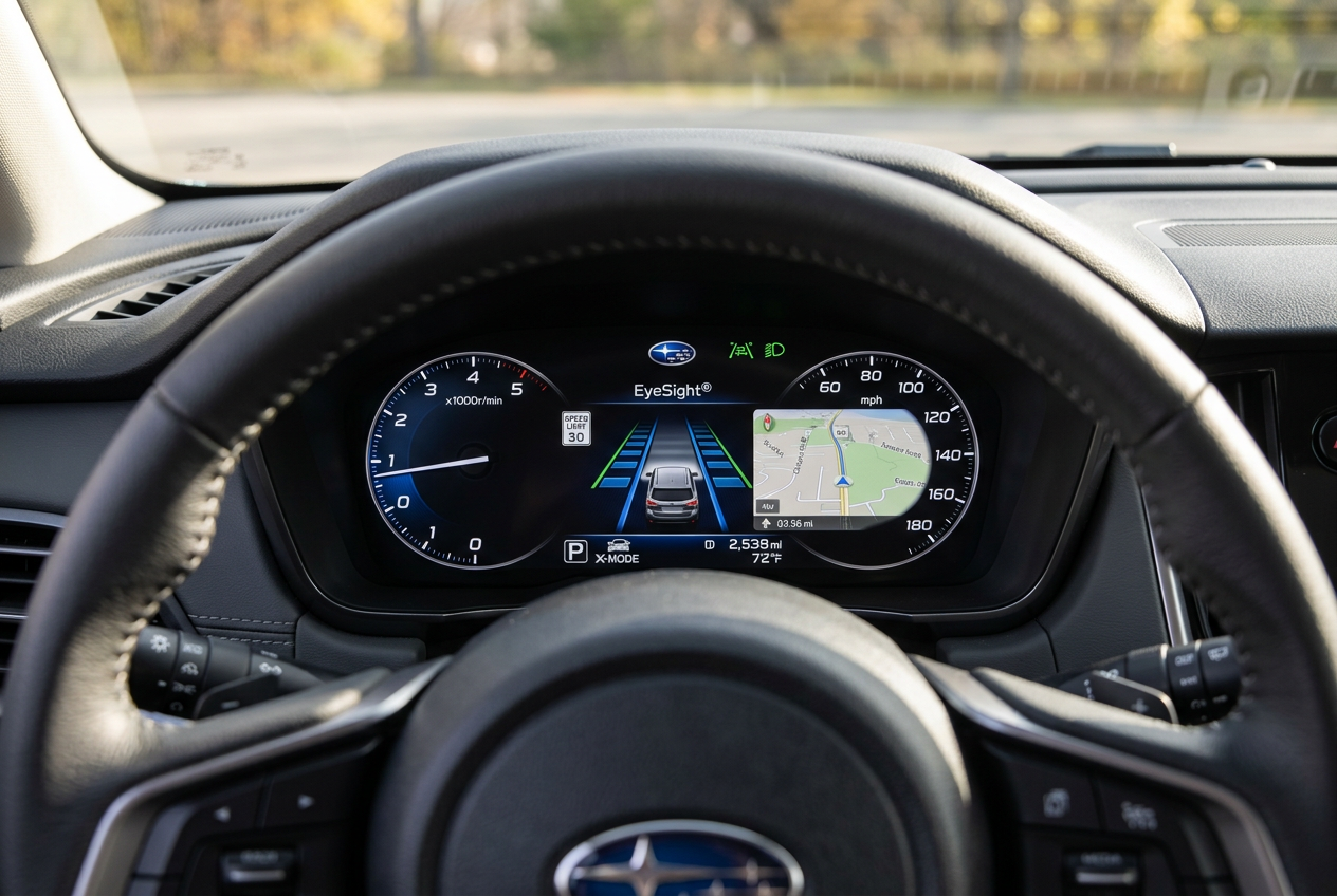 Close-up view of a Subaru dashboard display showing EyeSight system, digital map, speedometer, and steering wheel. (Representative image for illustration purposes only. Actual vehicle may vary based on trim and configuration.)