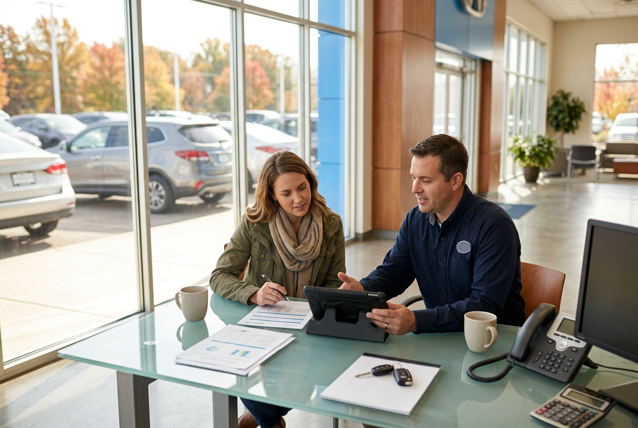 A woman reviewing paperwork with a car dealership employee holding a tablet at a desk with parked cars outside. (Representative image for illustration purposes only. Actual vehicle may vary based on trim and configuration.)