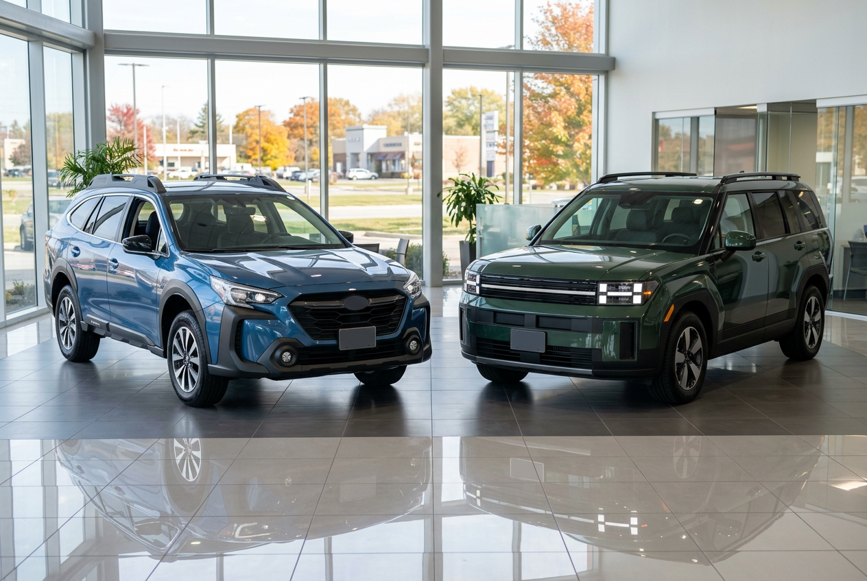 Blue Subaru Outback and green Hyundai Santa Fe SUVs parked side-by-side inside a bright car dealership showroom. (Representative image for illustration purposes only. Actual vehicle may vary based on trim and configuration.)