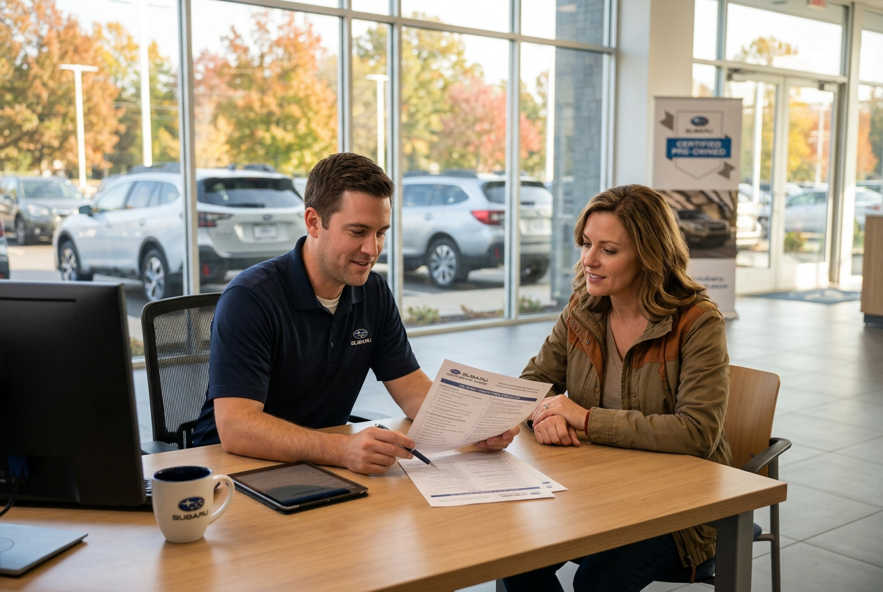 A Subaru dealer rep sitting at a desk and reviewing paperwork with a female customer inside a car dealership. (Representative image for illustration purposes only. Actual vehicle may vary based on trim and configuration.)