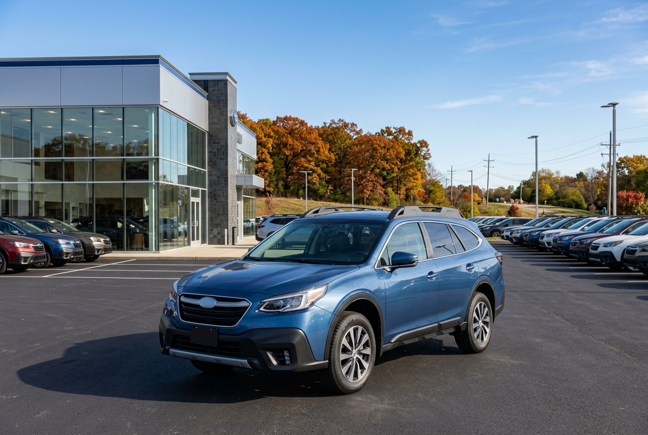 Blue Subaru Outback SUV parked in a car dealership lot under a clear blue sky with autumn trees. (Representative image for illustration purposes only. Actual vehicle may vary based on trim and configuration.)