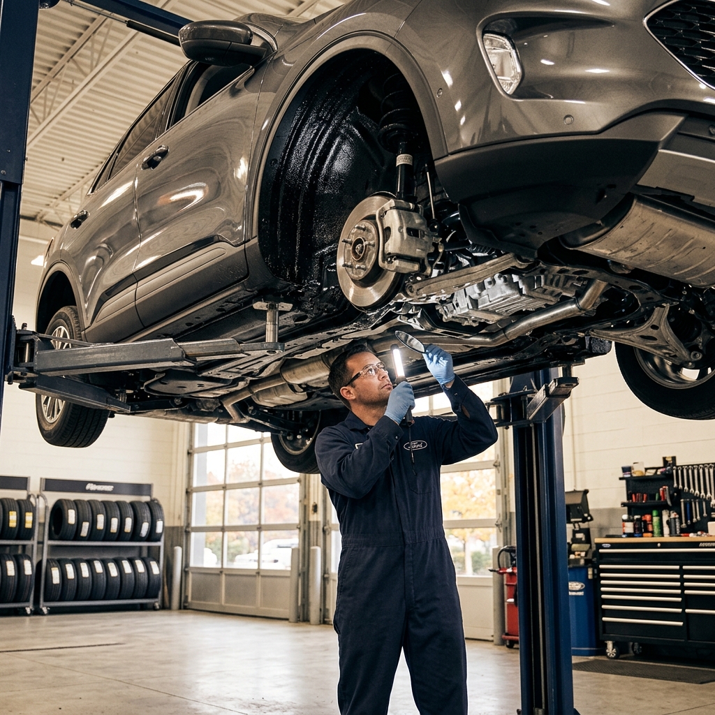 Mechanic using a flashlight and mirror to inspect the underside of a car raised on a hydraulic lift in a shop. (Representative image for illustration purposes only. Actual vehicle may vary based on trim and configuration.)