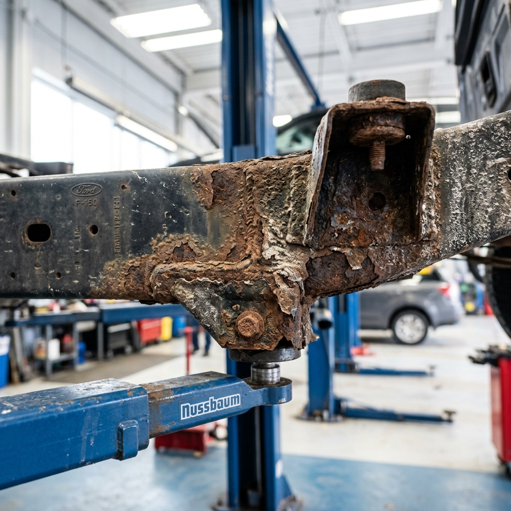 Heavy rust corrosion flaking on a Ford F-150 truck frame resting on a blue hydraulic auto lift in a shop. (Representative image for illustration purposes only. Actual vehicle may vary based on trim and configuration.)