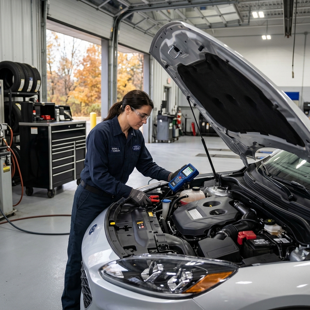Female auto mechanic wearing safety glasses using a battery diagnostic tool on an open vehicle engine in a service shop. (Representative image for illustration purposes only. Actual vehicle may vary based on trim and configuration.)