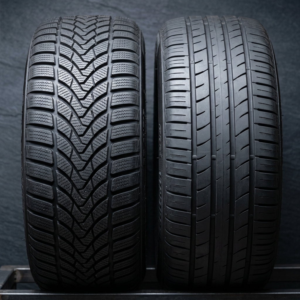A winter tire with deep directional V-shaped tread next to a summer tire with smooth longitudinal grooves. (Representative image for illustration purposes only. Actual vehicle may vary based on trim and configuration.)