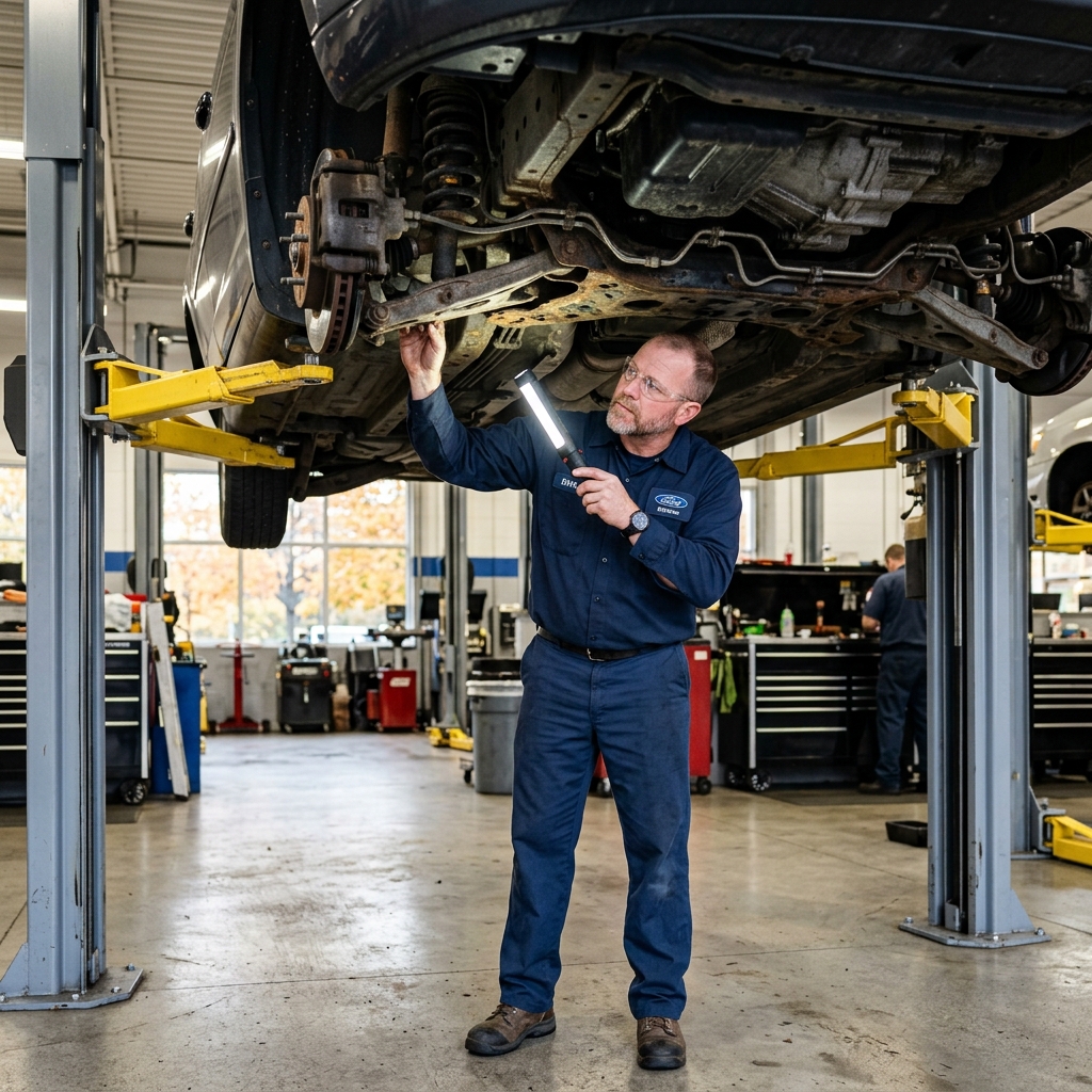 A mechanic holding an LED light inspects suspension components underneath a car raised on a hydraulic lift. (Representative image for illustration purposes only. Actual vehicle may vary based on trim and configuration.)