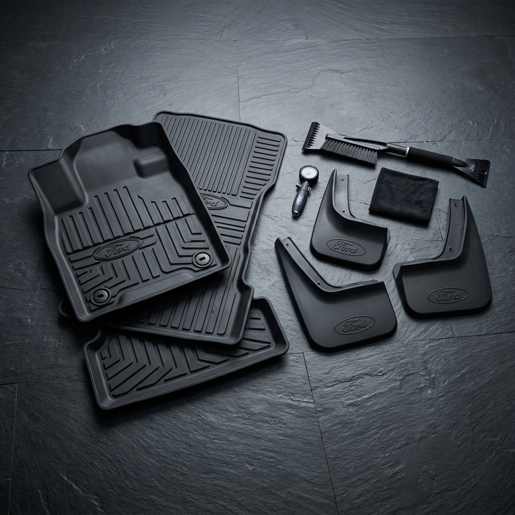 Official Ford black rubber floor mats, mud flaps, snow brush, tire gauge, and microfiber cloth on dark tile. (Representative image for illustration purposes only. Actual vehicle may vary based on trim and configuration.)