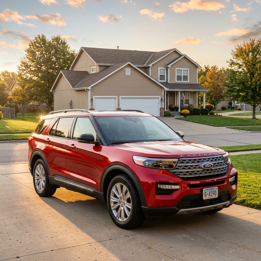 Red Ford Explorer parked on a concrete driveway in front of a suburban home at golden hour. (Representative image for illustration purposes only. Actual vehicle may vary based on trim and configuration.)