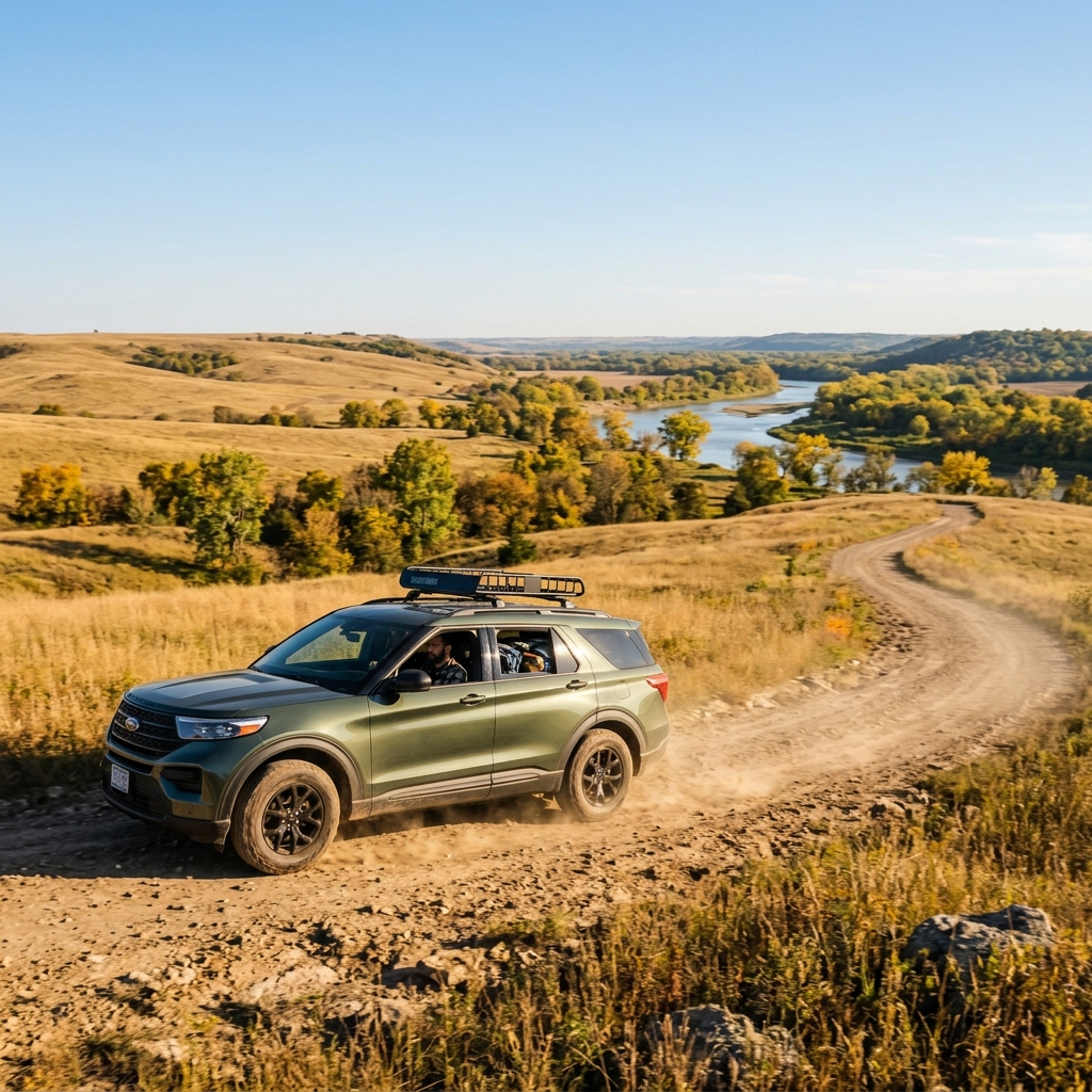 A green SUV with a roof rack drives along a dusty winding dirt road through scenic grassy hills near a river. (Representative image for illustration purposes only. Actual vehicle may vary based on trim and configuration.)
