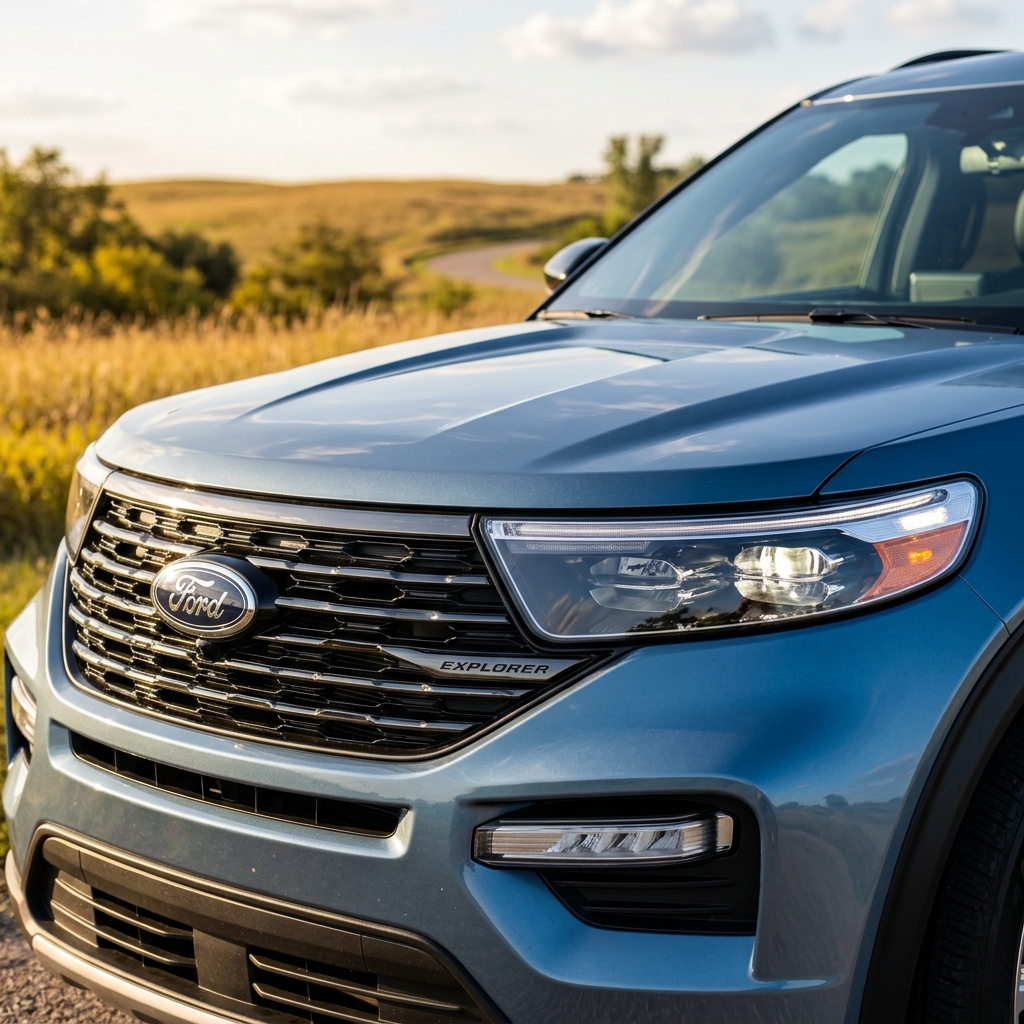 Front view of a metallic blue Ford Explorer parked in a scenic countryside landscape. (Representative image for illustration purposes only. Actual vehicle may vary based on trim and configuration.)