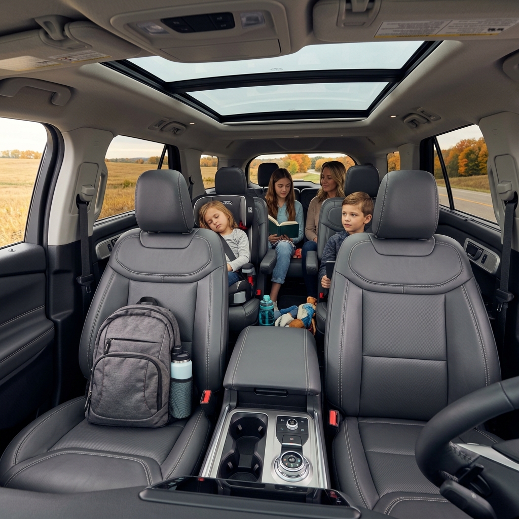 Interior view looking back through a modern three-row SUV filled with a family on a scenic road trip. (Representative image for illustration purposes only. Actual vehicle may vary based on trim and configuration.)