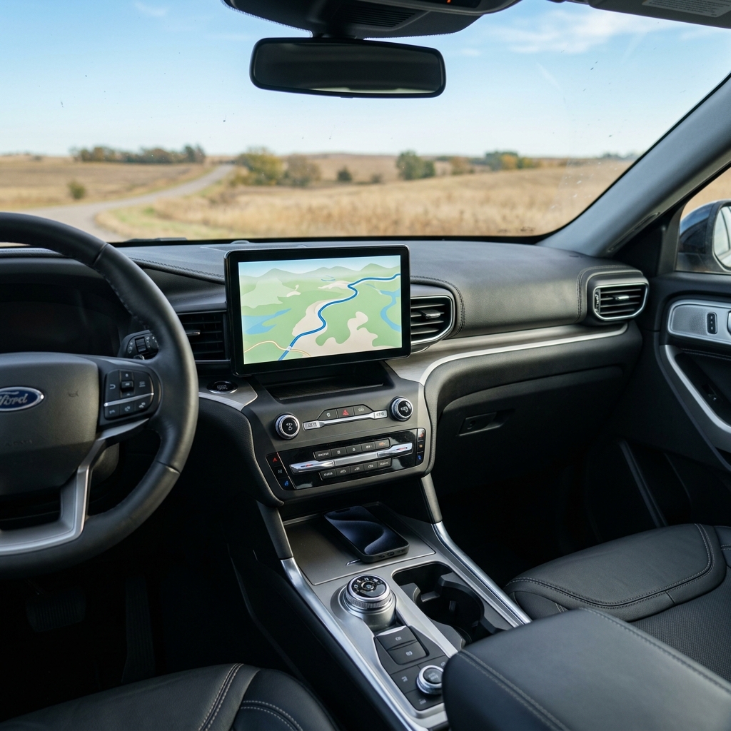 Interior view of a Ford car dashboard featuring a central touchscreen map display and black leather seats. (Representative image for illustration purposes only. Actual vehicle may vary based on trim and configuration.)