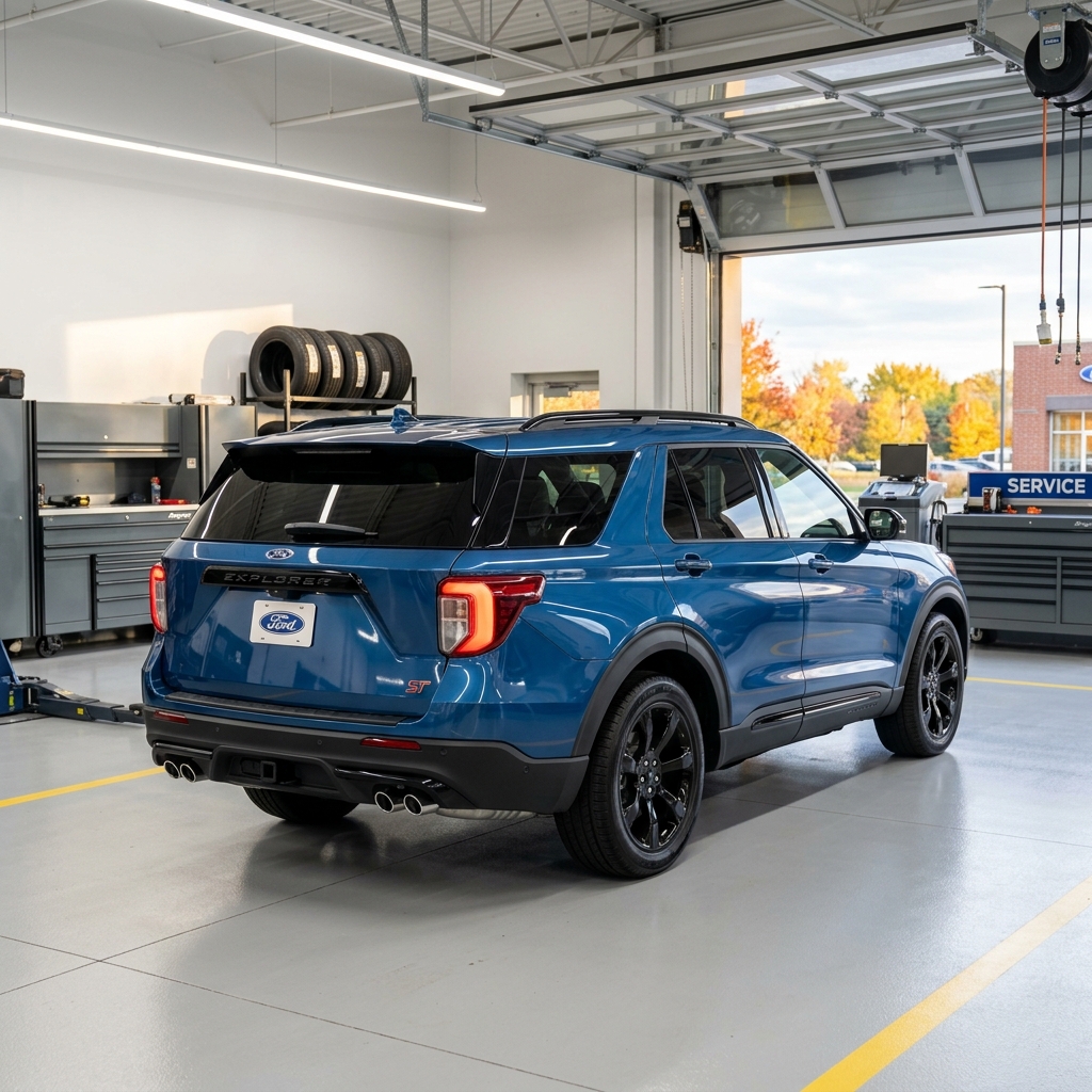 Rear view of a blue Ford Explorer ST parked inside a modern automotive service bay with garage doors open. (Representative image for illustration purposes only. Actual vehicle may vary based on trim and configuration.)