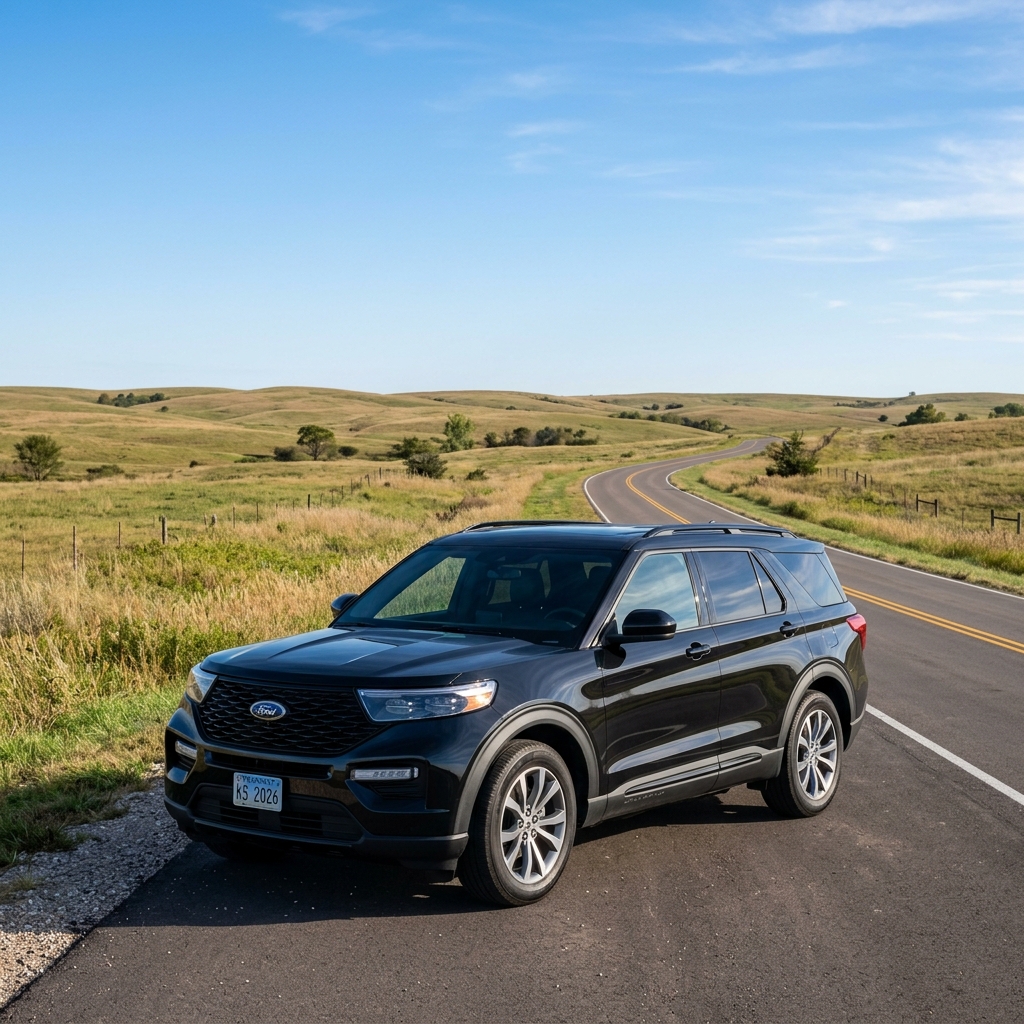 A dark Ford Explorer parked on the edge of a winding two-lane road through rolling green hills. (Representative image for illustration purposes only. Actual vehicle may vary based on trim and configuration.)