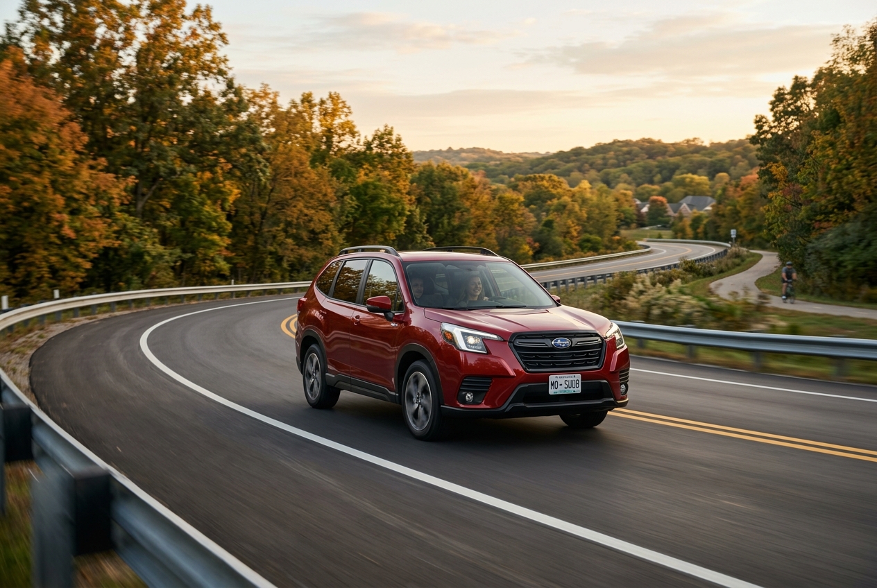 Red Subaru Forester SUV driving along a curving two-lane road surrounded by autumn trees. (Representative image for illustration purposes only. Actual vehicle may vary based on trim and configuration.)