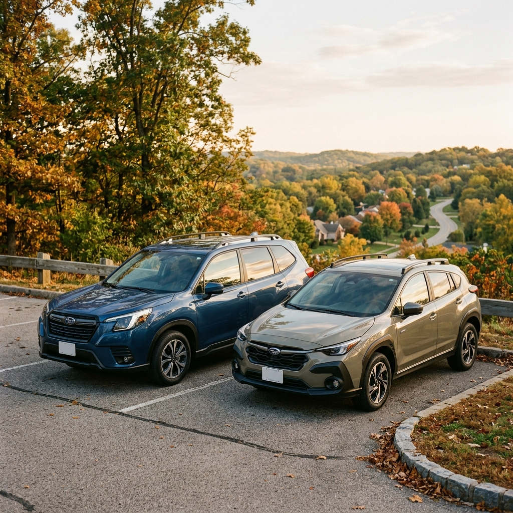 Blue and tan Subaru SUVs parked side by side at a scenic overlook with colorful autumn hills in the background. (Representative image for illustration purposes only. Actual vehicle may vary based on trim and configuration.)