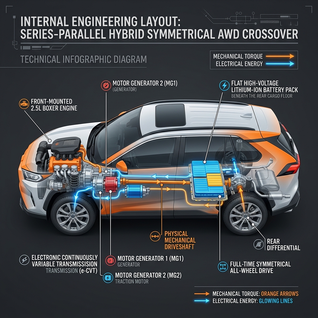 Technical cutaway diagram illustrating the internal components of a series-parallel hybrid symmetrical AWD crossover. (Representative image for illustration purposes only. Actual vehicle may vary based on trim and configuration.)