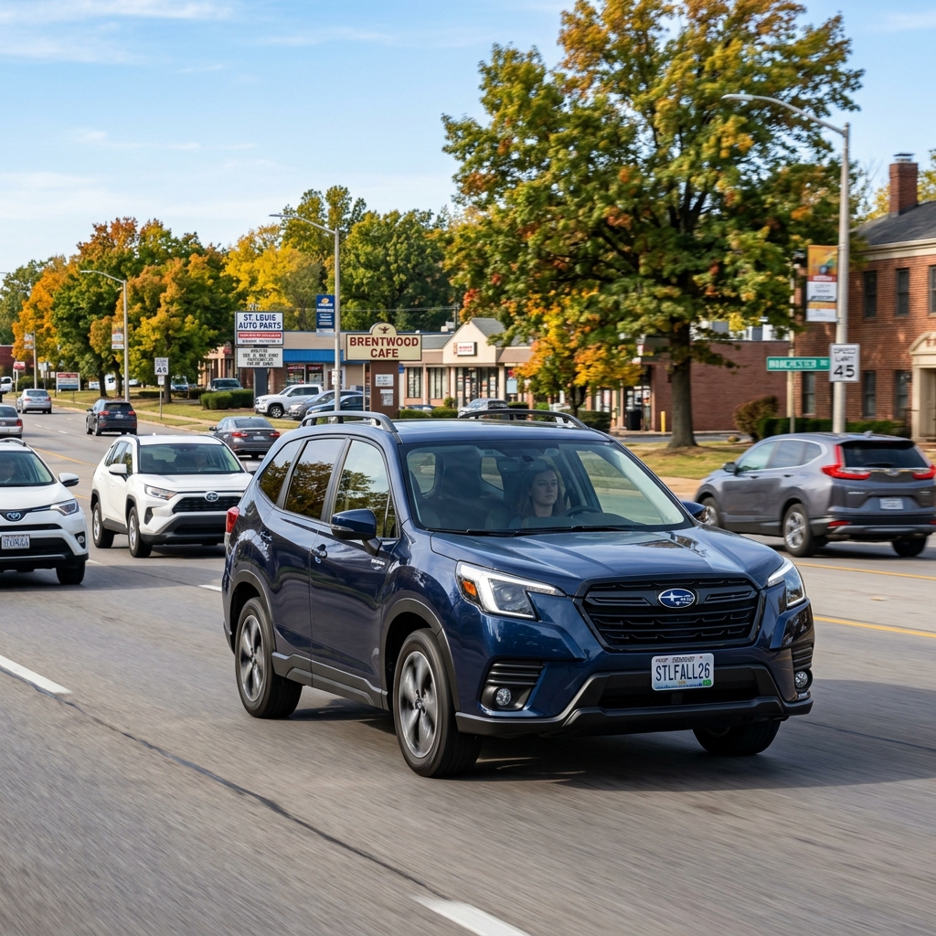 A blue Subaru Forester SUV driving on a suburban road with autumn foliage and business signs in the background. (Representative image for illustration purposes only. Actual vehicle may vary based on trim and configuration.)