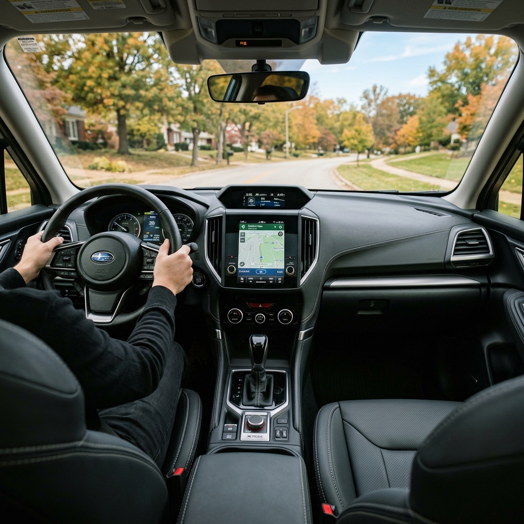 Interior view of a driver steering a Subaru on a suburban residential street lined with autumn trees. (Representative image for illustration purposes only. Actual vehicle may vary based on trim and configuration.)
