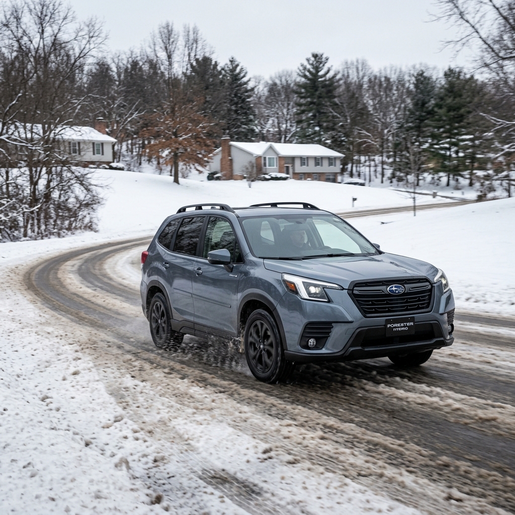 A grey Subaru Forester driving around a curved slushy road in a snowy winter residential landscape. (Representative image for illustration purposes only. Actual vehicle may vary based on trim and configuration.)