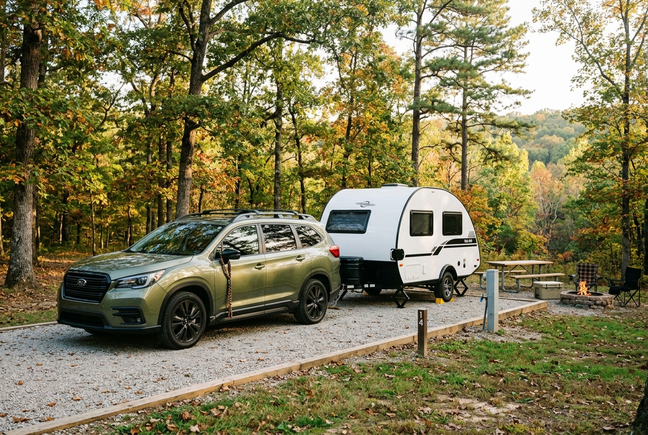 Green SUV towing a small white camper trailer parked at a forest campsite with a campfire and picnic table. (Representative image for illustration purposes only. Actual vehicle may vary based on trim and configuration.)